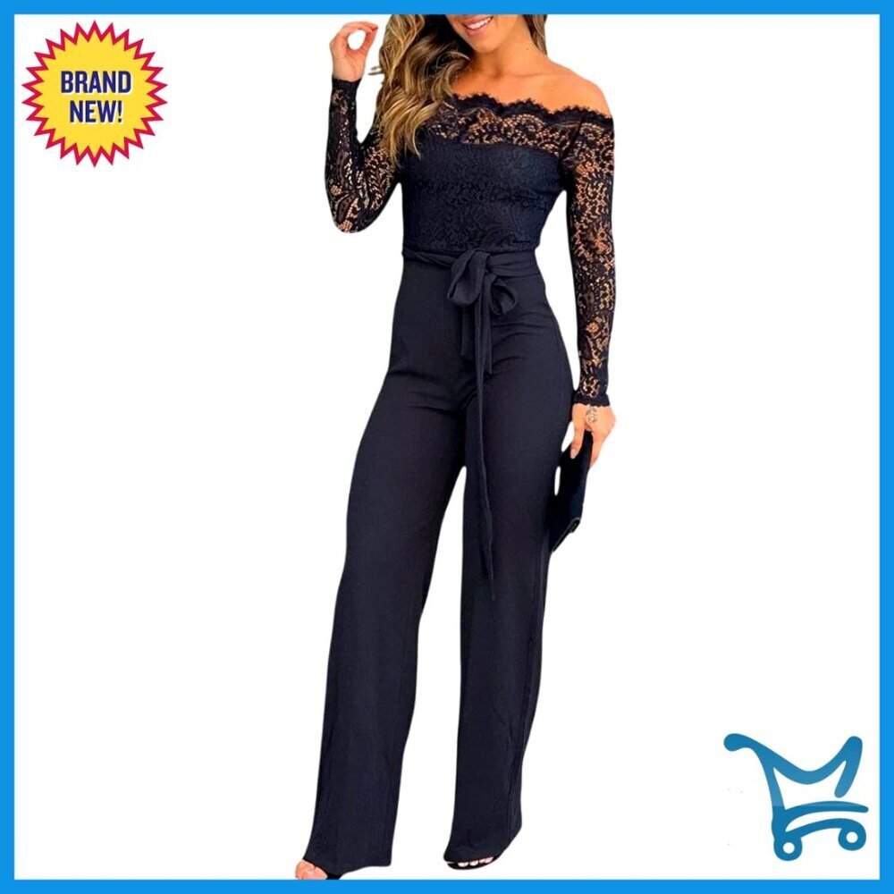 Off Shoulder Jumpsuit Lace Trim Elegant Chic Casual Straight Leg Overalls